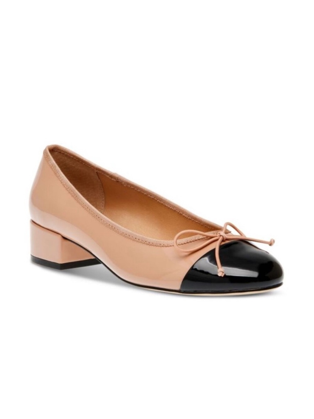 Steve Madden Blush Nude and Black Patent Cap-Toe Ballet Flats with Bow